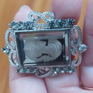 Vintage Reverse Glass Cameo Brooch | Smokey Rhinestones | Silvertone